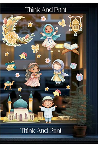 Think And Print Ramazan Ayı Temalı Cam Duvar Süsü Sticker Seti Cami Ay Yıldız...