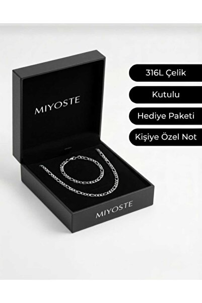 Miyoste Sevgililer Gününe Özel Kutulu Erkek Çelik Kolye ve Bileklik Set 2'li