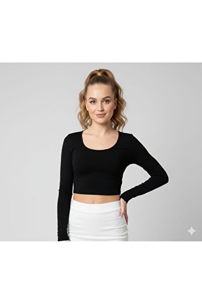 serkertaş Women's Black Crew Neck Viscose Long Sleeve Crop Blouse