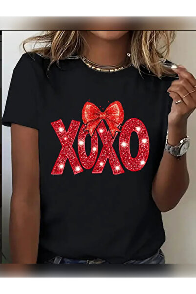 TİMİSİVA Μπλουζάκι Unisex oversized XOXO με τύπωμα με κοντό μανίκι ΜΑΥΡΟ