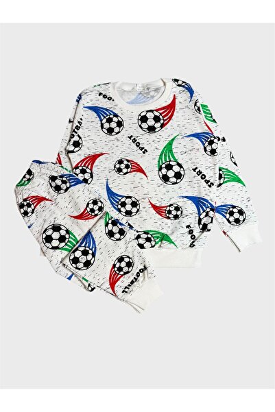 tusem butik homewear Boys' Cotton Fleece-Lined White Ball Patterned Long Slee...