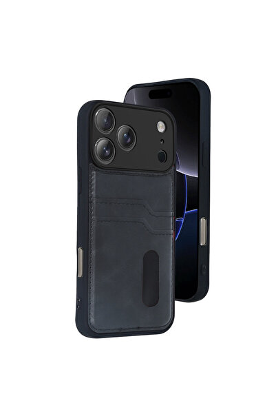 AKSEFİZZ iPhone 17 Pro Max Uyumlu Kılıf Deri Tasarımlı Çift Kartlıklı Kartviz...