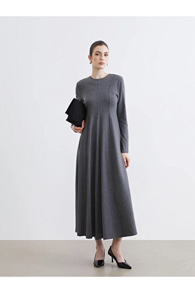 LC Waikiki LCW Modest Gri Bisiklet Yaka Kloş Elbise