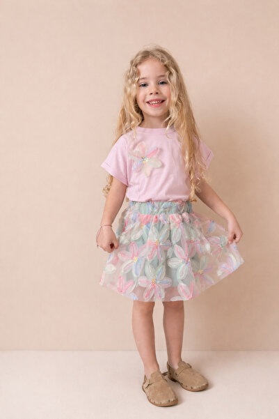 Sibel Günay Butik Girls' Floral Detailed T-Shirt and Tulle Skirt Set