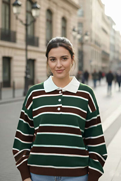 Inno Pulover tricotat pentru femei cu guler polo cu nasturi în dungi