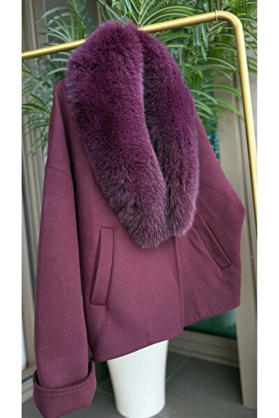 laviezey Premium Mürdüm Kürk Yaka Kısa Boy Kadın Kaban