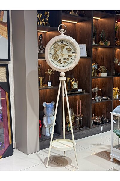 YASAR CONCEPT Trivis Metal Çarklı Tripod Ayaklı Saat Kırık Beyaz