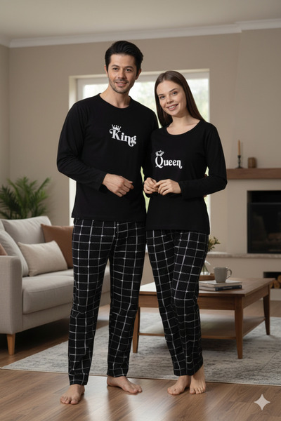 HAYAL HOME WEAR King Queen Baskılı Sevgili Kombini Alt Üst Pijama Takımı - 2'...