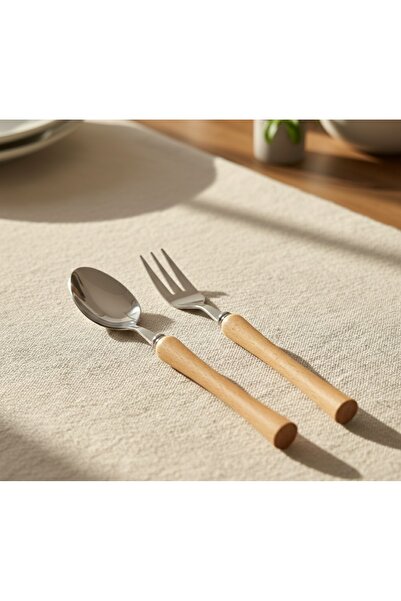 Sağlam 6 Kişilik 12 Parça Ahşap Saplı Premium Çatal Kaşık Seti - Paslanmaz Çe...