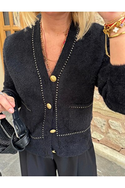 aprido Gold Düğmeli Simli Biyeli Angora Hırka