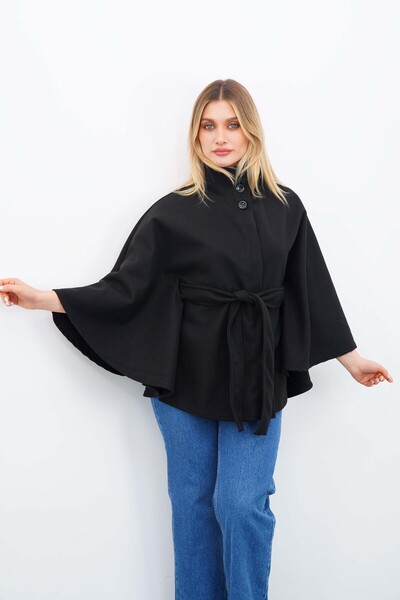 chiccagoo Kadın Siyah Kuşaklı Kaşe Dik Yaka Panço