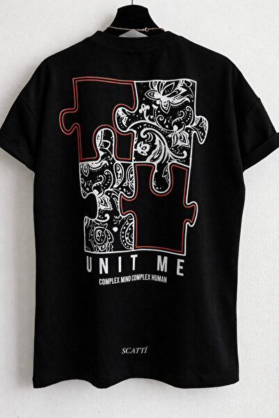 CLASSY.MODA Tricou unisex cu imprimeu grafic tip puzzle pe spate, cu gât crew...