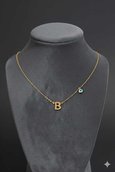 stainles steel Nazar Boncuklu B Harfi Gold Çelik Kolye
