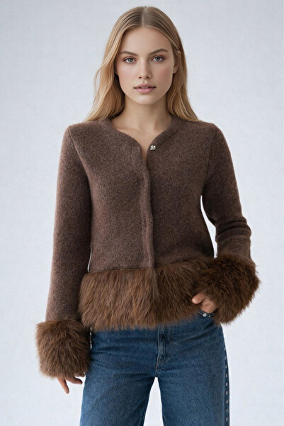 LOOSH Kadın Kahve Kolları Suni Kürk Yünlü Triko Hırka Ceket