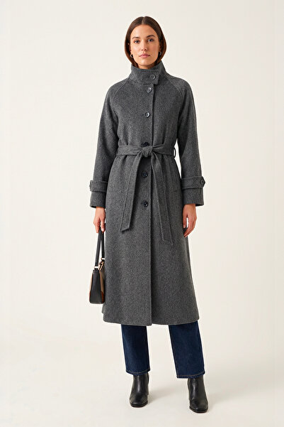 Soydan Güner Antrasit Hakim Yaka Alpaka Tuşeli Reglan Kol Kuşaklı 128 cm Uzun...