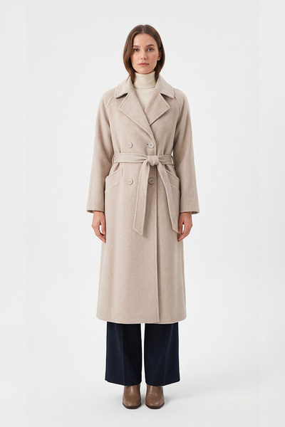 Soydan Güner Bej Reglan Kol Belden Oturtmalı Yırtmaçlı Alpaka Tuşeli Uzun Kab...