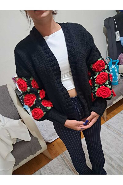 ASFAKA Güllü Hırka El Örgüsü Güllü Hırka Motifli Hırka Crop Hırka
