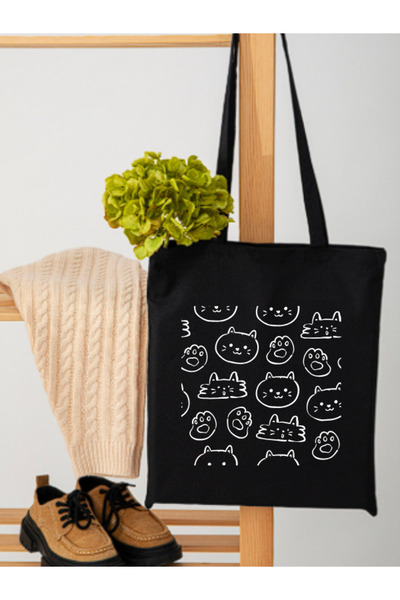 junobi حقيبة قماش سوداء من كات مطبوع - 35x40 سم