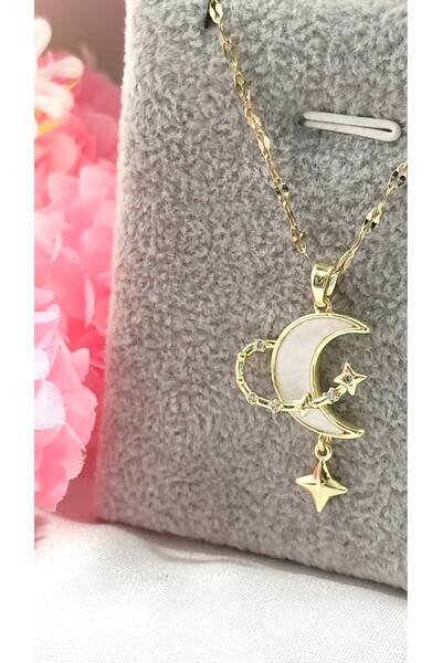 DİAVENTA TAKI VE AKSESUAR 316L Steel Dangling Star Ay Model Gold Steel Neckla...