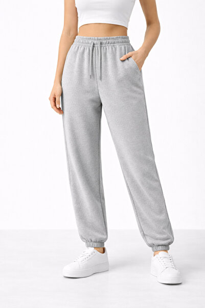 NAKRUF Women's Gray Sweatpants with Elastic Legs, Comfortable Cut, Cotton Inside