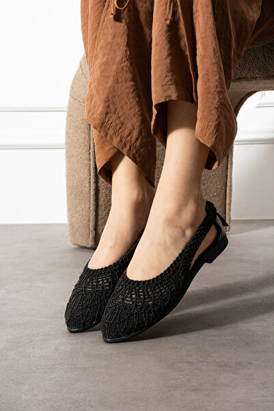 ZARICH Vecna Women's Lace Detailed Open Back Mesh Embroidered Straw Ballerinas