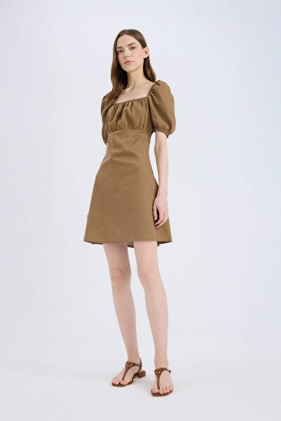 DeFacto Square Neck Linen Blend Short Sleeve Mini Dress D8272Ax25Sm