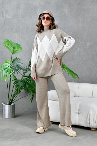 mysimy Stand-Up Collar Patterned Split Sweater Pants Set