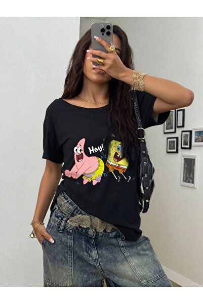 PERLMUTT Women's Black Hey Written Cartoon Figure T-Shirt – Teen & Unisex Ove...