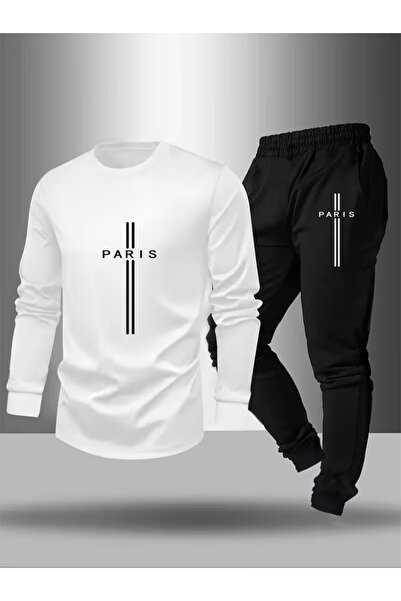 Massgai Unisex Paris Line Printed Crew Neck Oversized Bottom-Top Jogger Cotto...