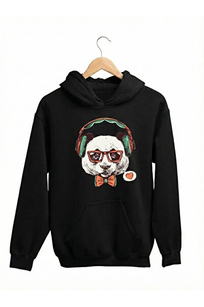 LELVANİ Colorful Panda Patterned with Headphones - K Hooded Sweatshirt Print
