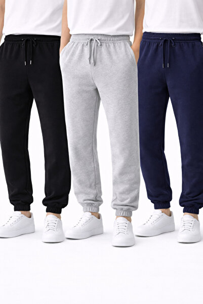 NAKRUF Men's 3-Piece Black-Grey-Navy Blue Sweatpants Set with Elastic Cuffs, ...