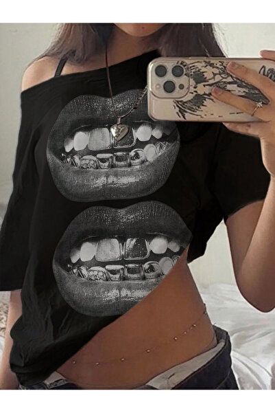 PERLMUTT Black Modern Lip Printed Sleeveless Crop Tank-Graphic Lips Printed C...