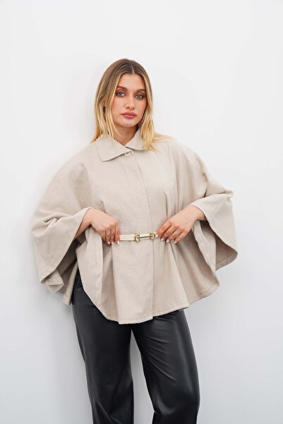 chiccagoo Kadın Ekru Kemerli Kaşe Panço