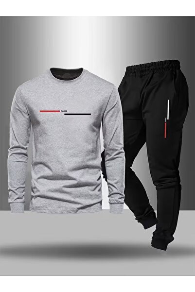 Massgai Unisex Paris Line Printed Crew Neck Oversized Bottom-Top Jogger Cotto...