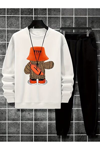 Massgai Unisex Bear Free Happy Printed Crew Neck Oversized Bottom-Top Jogger ...