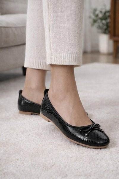 ZARICH Auri Shiny Patterned Bow Detailed Non-Slip Sole Orthopedic Women's Ballerinas