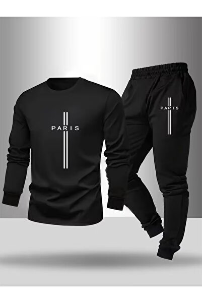 Massgai Unisex Paris Line Printed Crew Neck Oversized Bottom-Top Jogger Cotto...