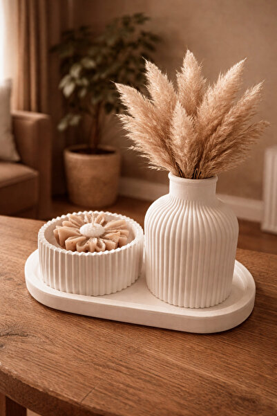 Defne Papatya detaylı soya wax mum, vazo ve tabak seti