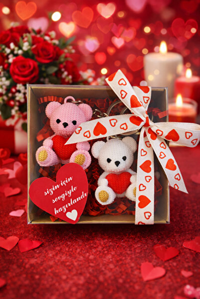 DKY Sevgililer Gününe Özel Kalpli Ayıcık Çift Anahtarlığı Hediye Seti