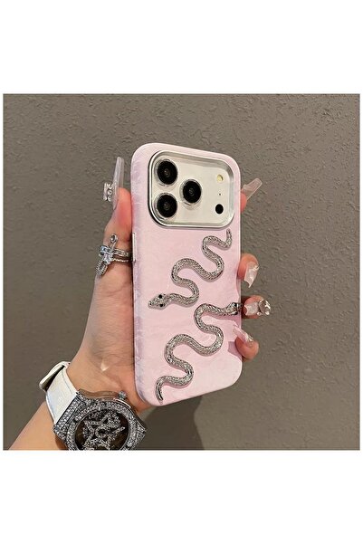 Pro Aksesuar iPhone 17 Pro Compatible Case Snake Velvet Fabric Case Pink