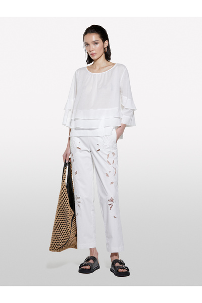 Sisley Women's Off-White 100% Cotton Flywheel Detailed Relax Fit Blouse