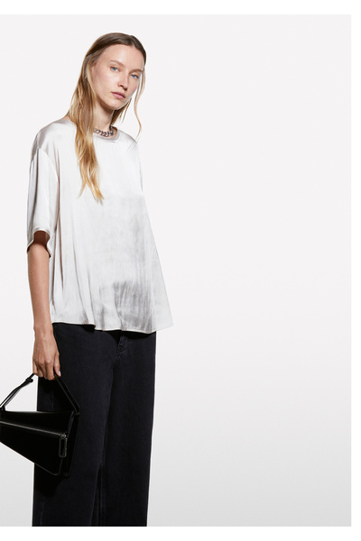 Sisley Bluză cu mânecă scurtă supradimensionat pentru femei, ecru, ușor evazată