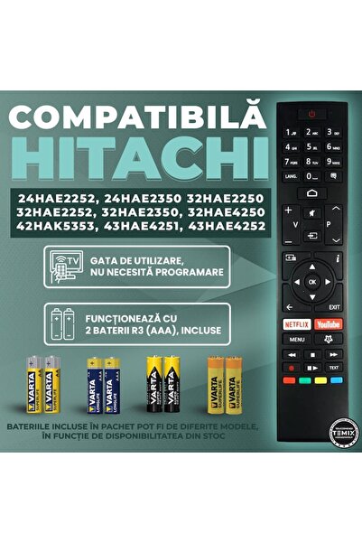 temix Telecomanda compatibila Hitachi, 24HAE2252, 24HAE2350, 32HAE2250, 32HAE2252, 32HAE2350, 42HAK5353