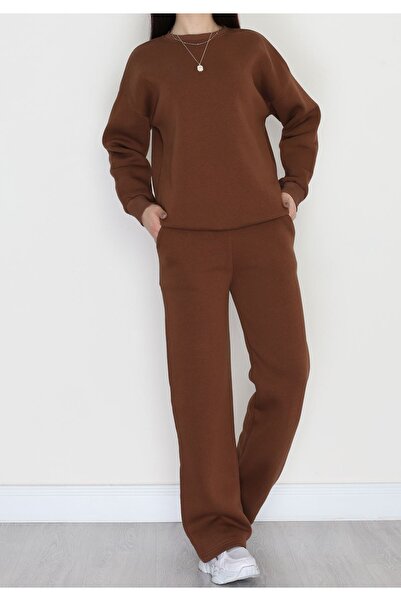 f.kereci Women's 3 Thread Fleece-Lined Crew Neck Tracksuit Set – Brown