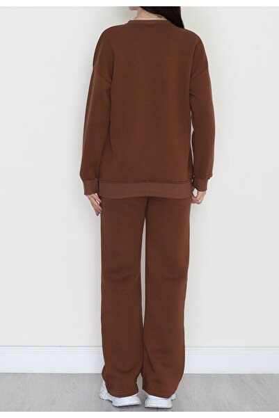 f.kereci Women's 3 Thread Fleece-Lined Crew Neck Tracksuit Set – Brown