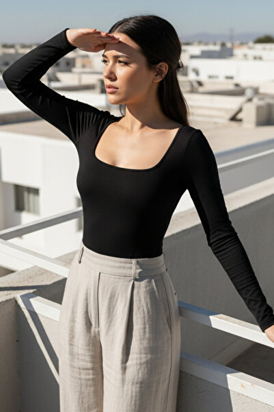 Shapelyn Kadın Kare Yaka Basic Uzun Kollu Body