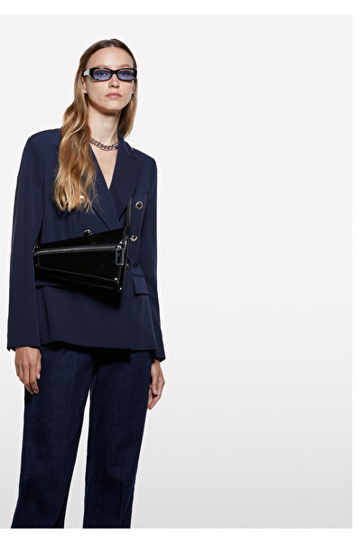 Sisley Women's Navy Blue Viscose Blend Button Detailed Blazer Jacket