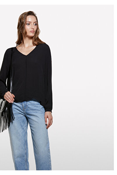 Sisley Women's Black 100% Viscose V-Neck Oversized Blouse