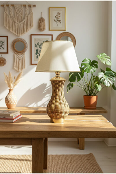 Decodelight Metal Gold Ayak Hasır Rattan Örmeli Gövde Hazeran ve Kumaş Şapkal...