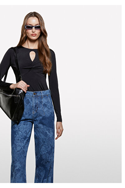 Sisley Women's Black Drawstring and Hole Detailed Slim Fit Long Sleeve T-Shirt